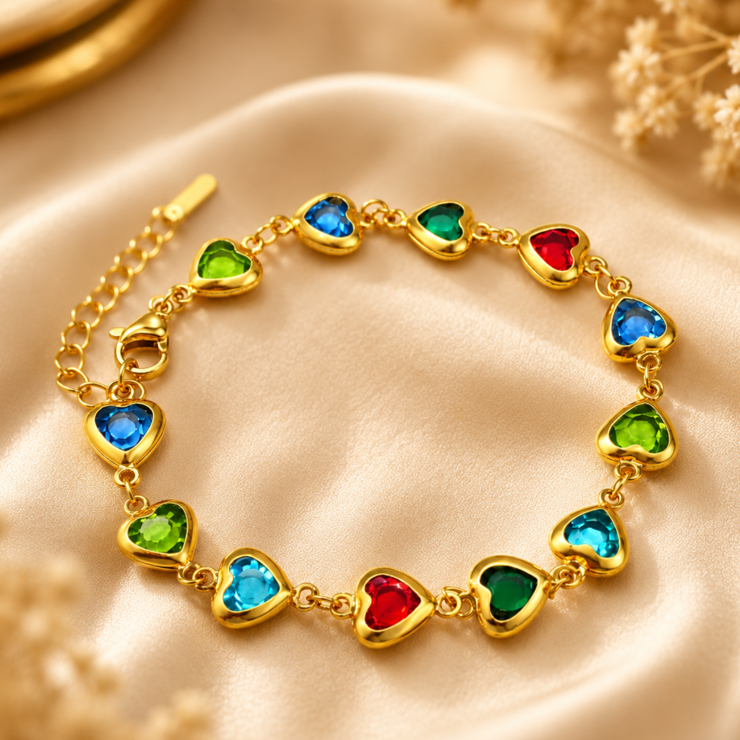18K Gold Plated Multi-Color Heart Stone Bracelet