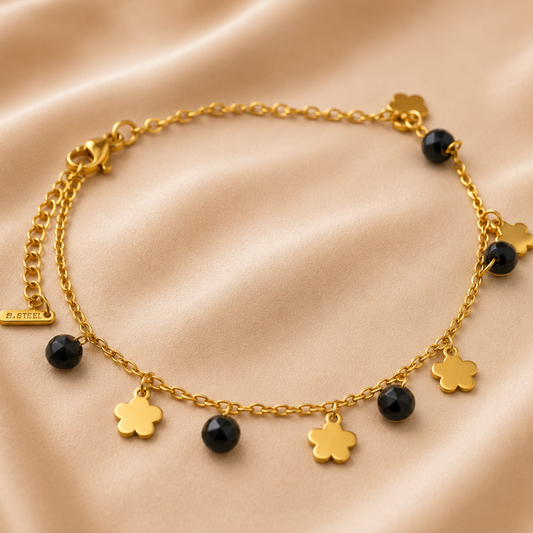 18K Gold Plated Black Stone & Flower Charm Bracelet
