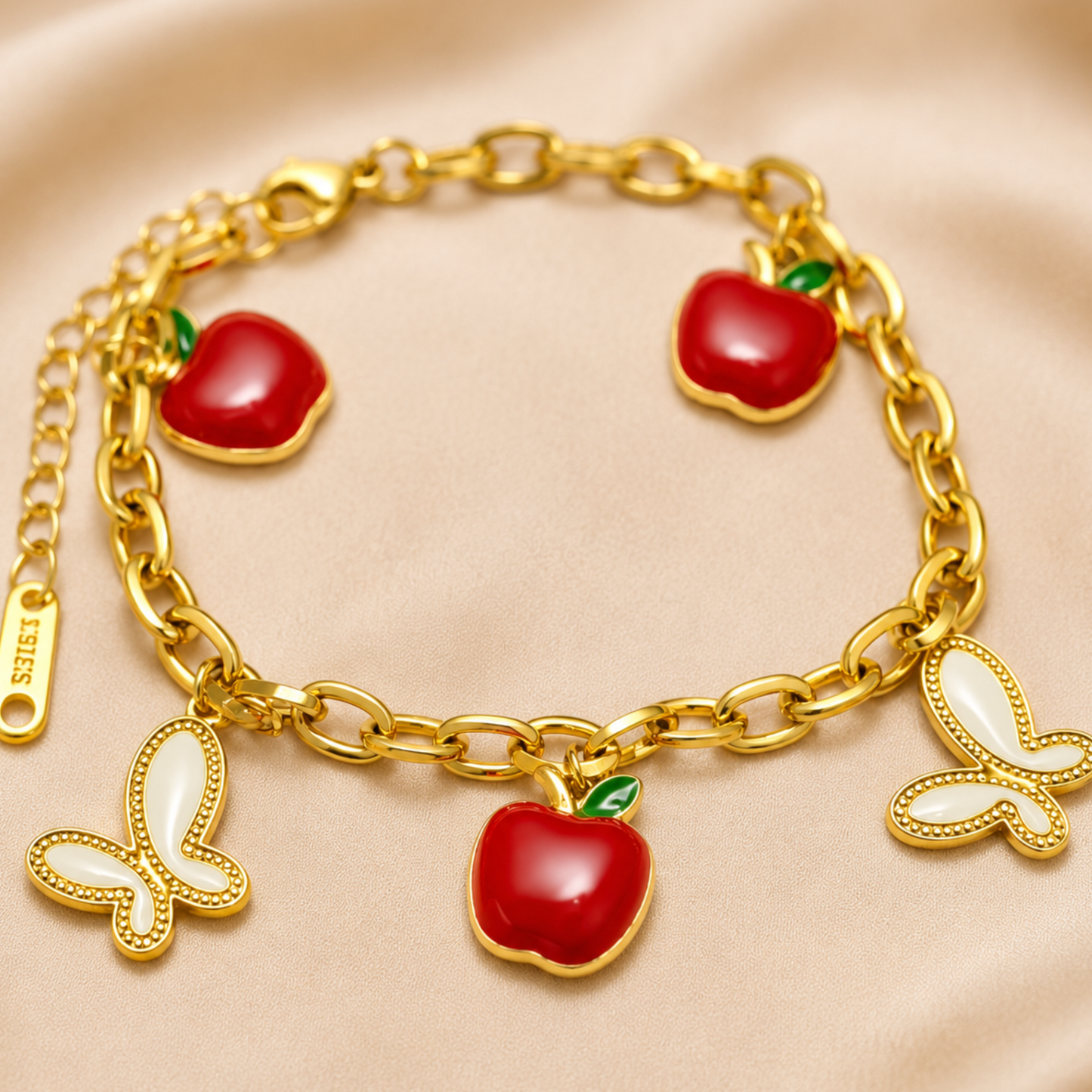 18K Gold Plated Red Apple & Butterfly Charm Bracelet