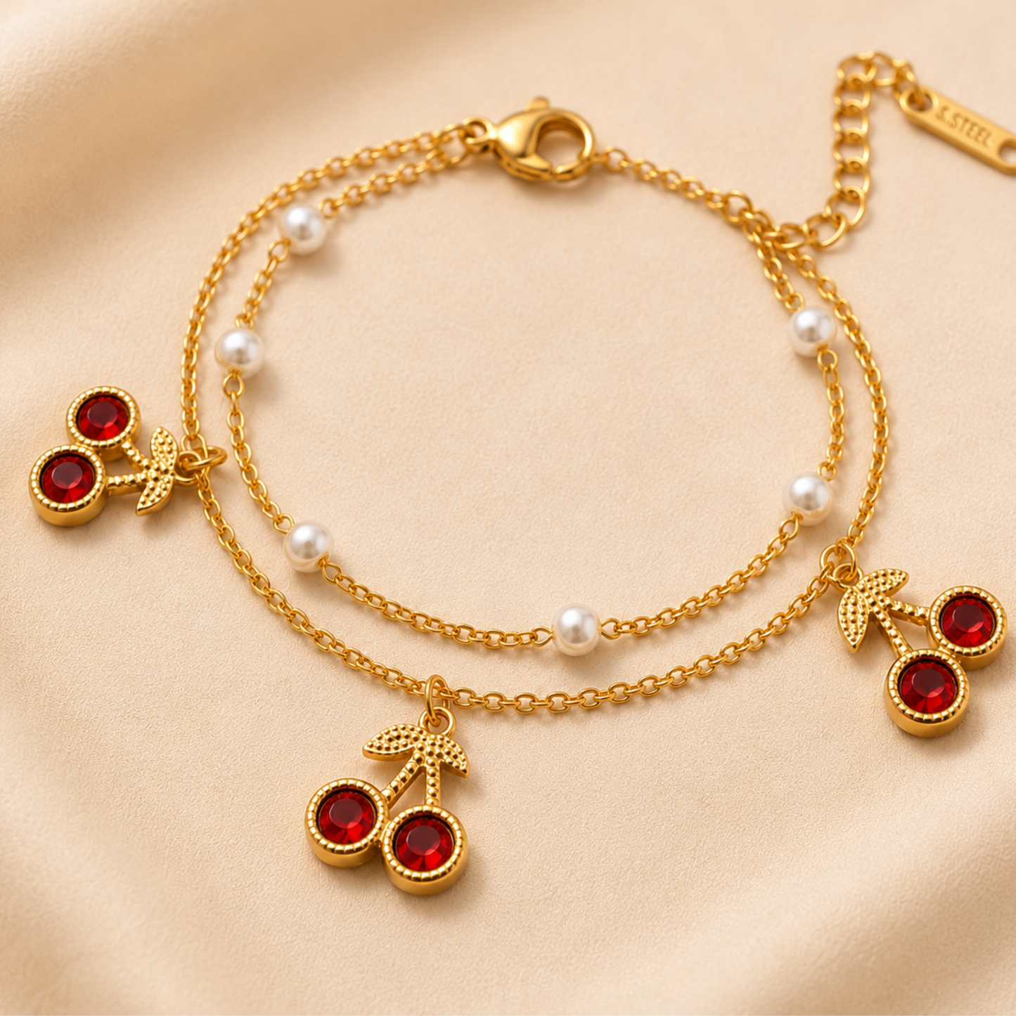Double Layer Cherry Charm Bracelet