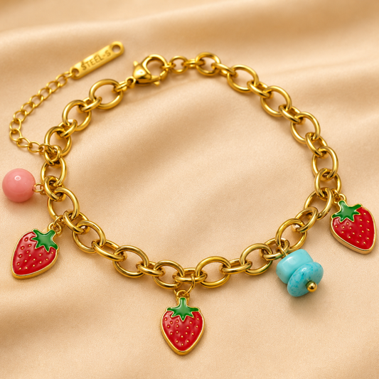18K Gold Plated Strawberry & Bead Charm Bracelet