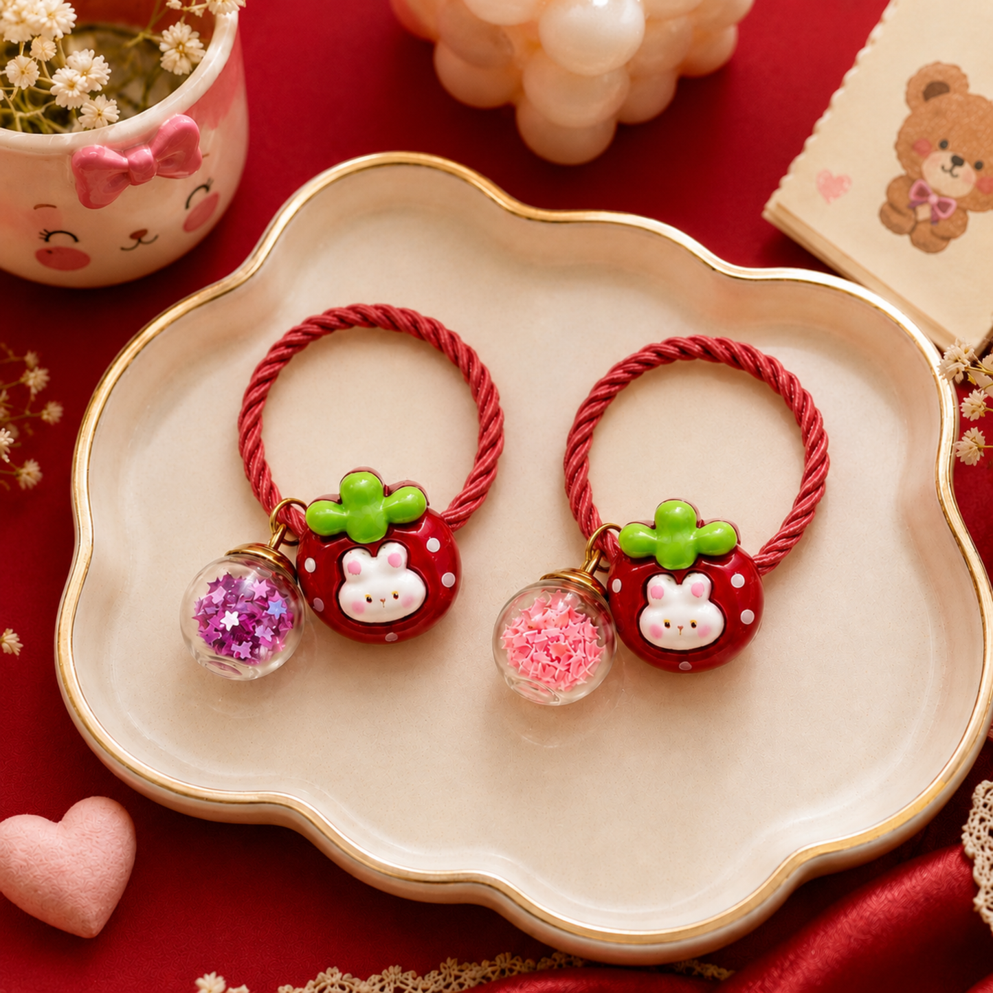 Cute Bunny Strawberry Hair Ties for Girls