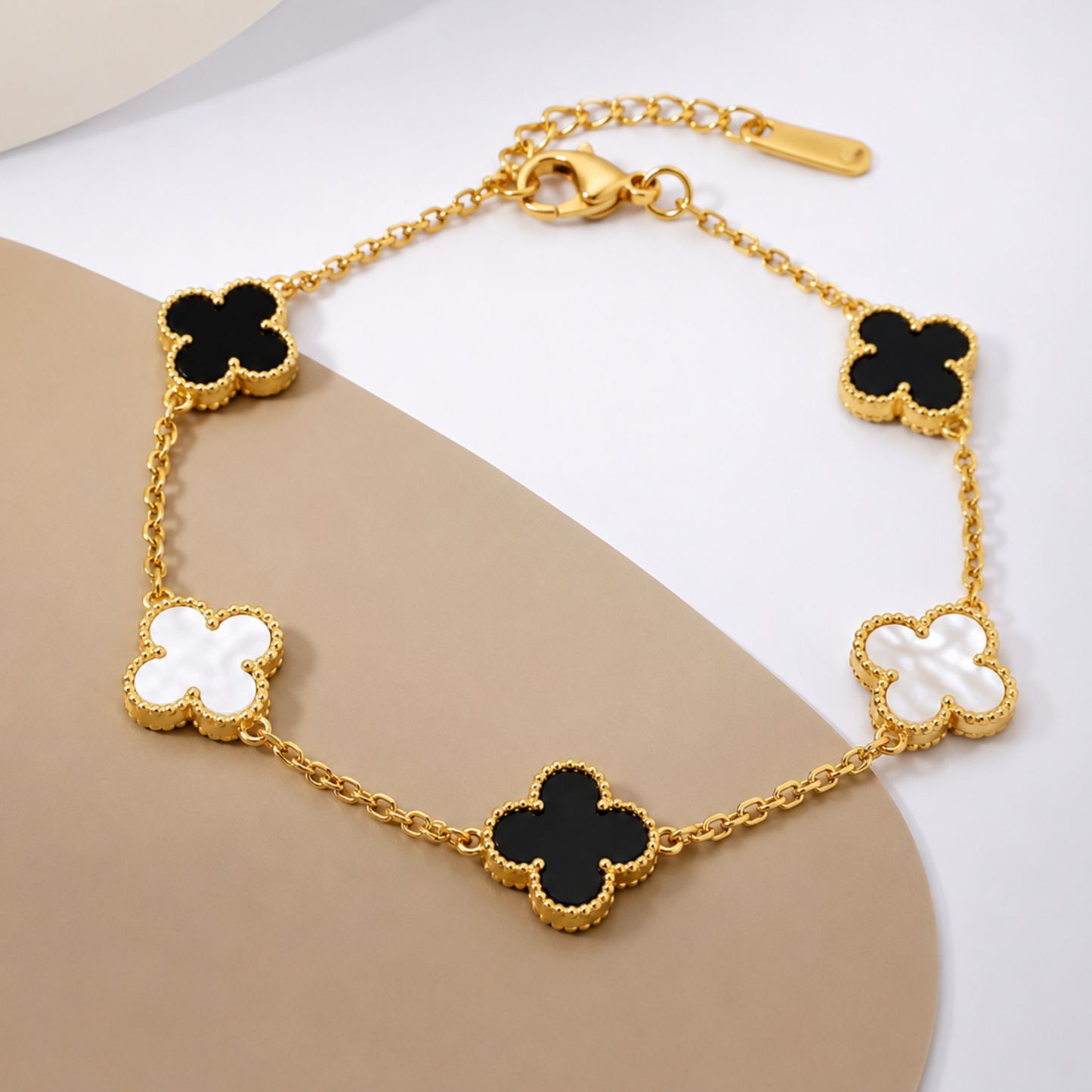 18K Gold Plated Black & White Clover Charm Bracelet