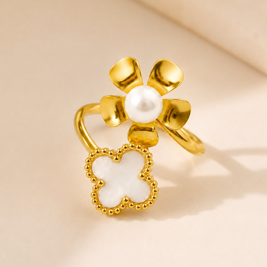 18K Gold Plated Pearl Bloom Clover Waterproof Ring