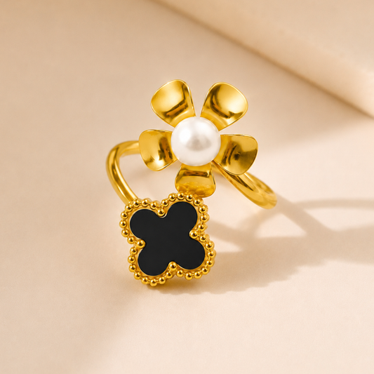 18K Gold Plated Pearl Bloom Clover Waterproof Ring