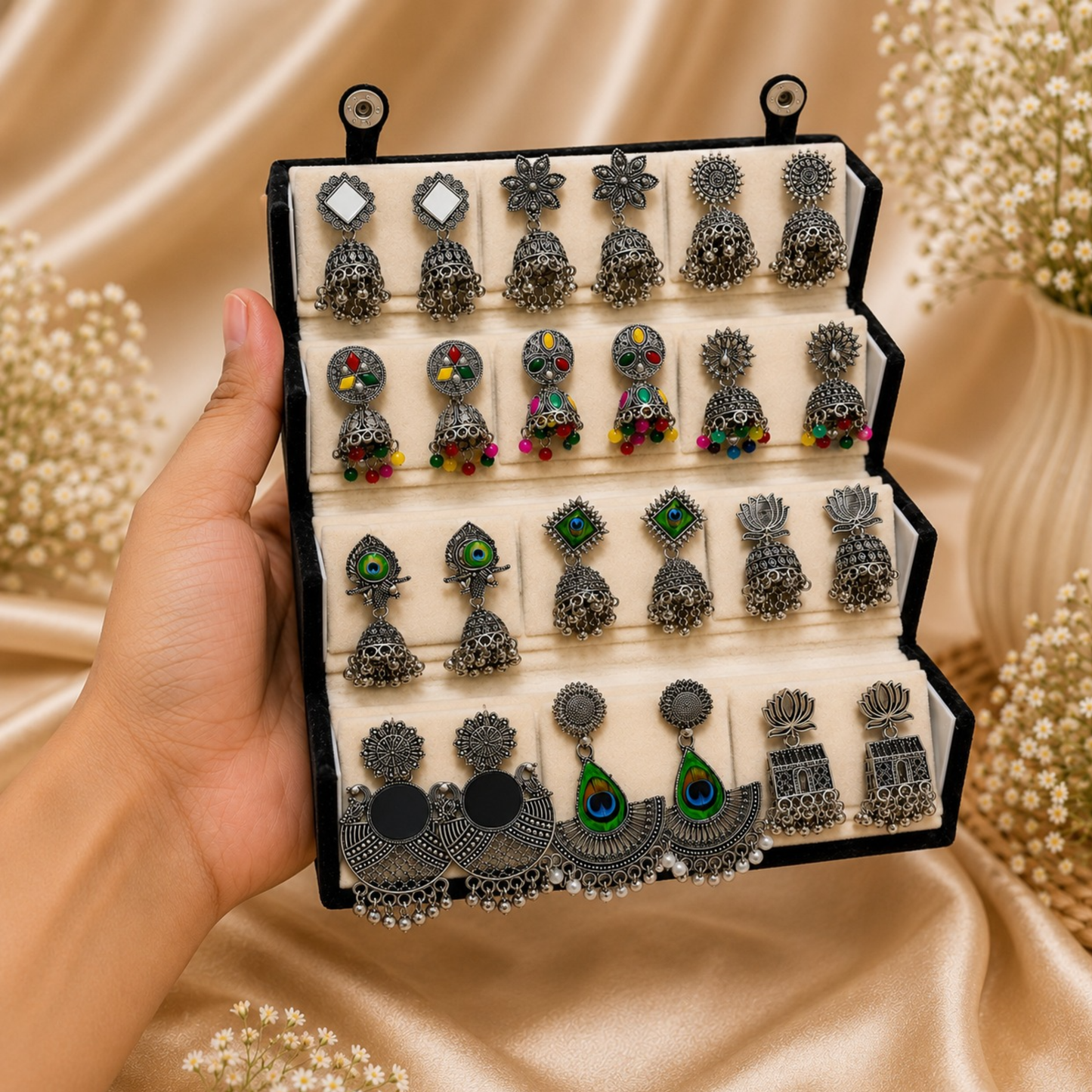 Designer Oxidized Silver Earrings Set – 12 Pairs