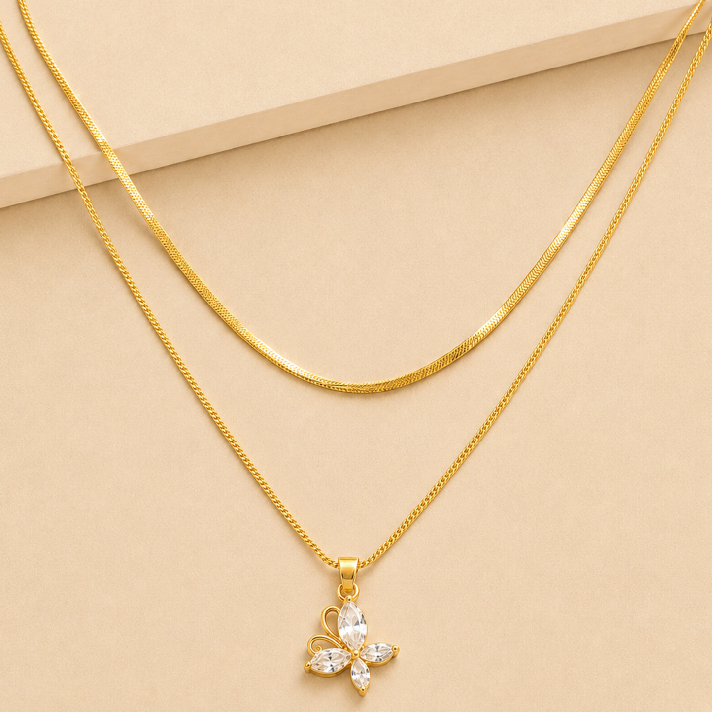18K Gold Plated Crystal Butterfly Duo Layer Necklace
