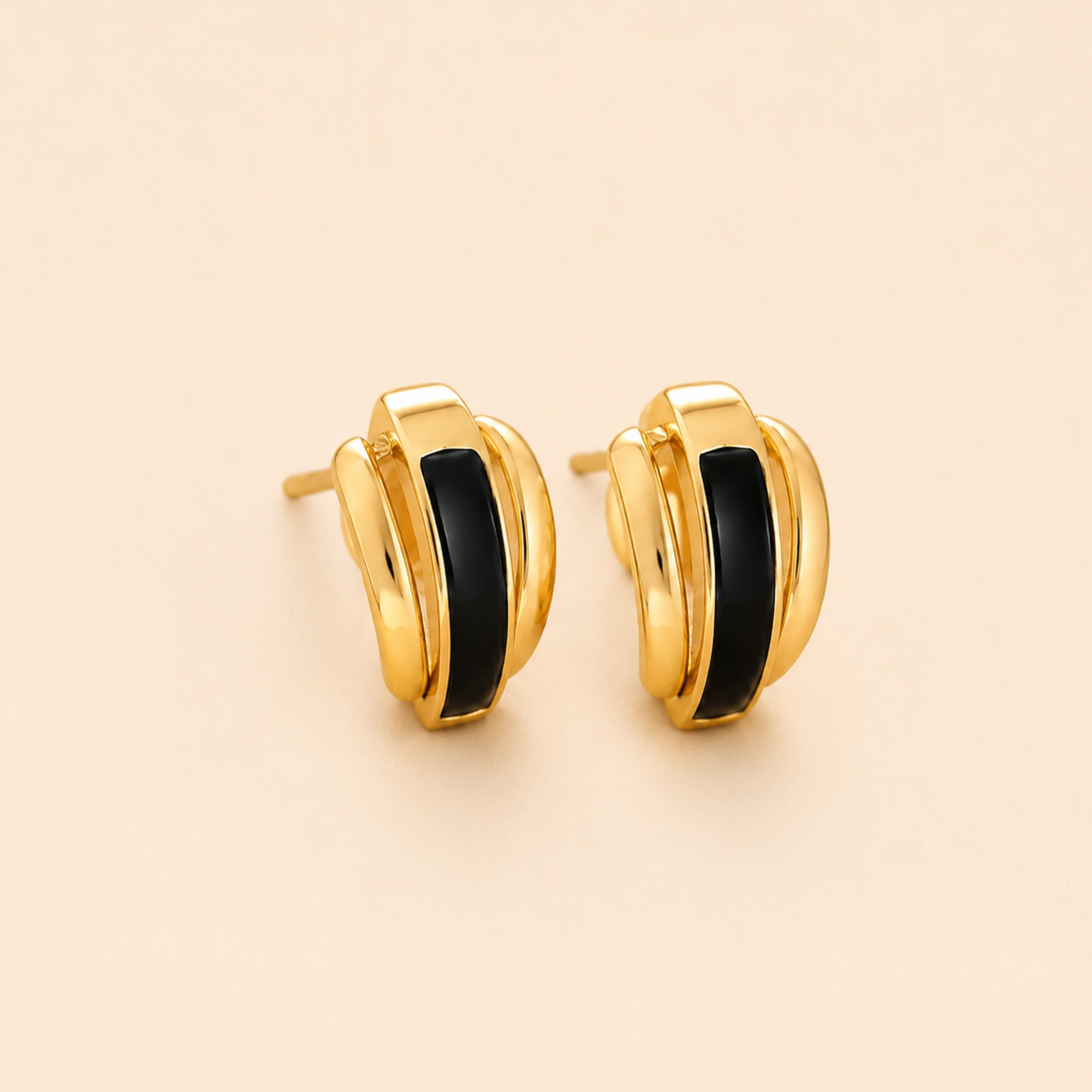 18K Gold Plated Black Enamel Gold Hoop Studs Earring