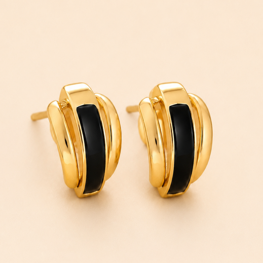 18K Gold Plated Black Enamel Gold Hoop Studs Earring