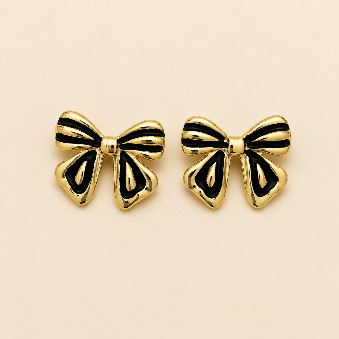 18K Gold Plated Black & Gold Ribbon Studs Earring