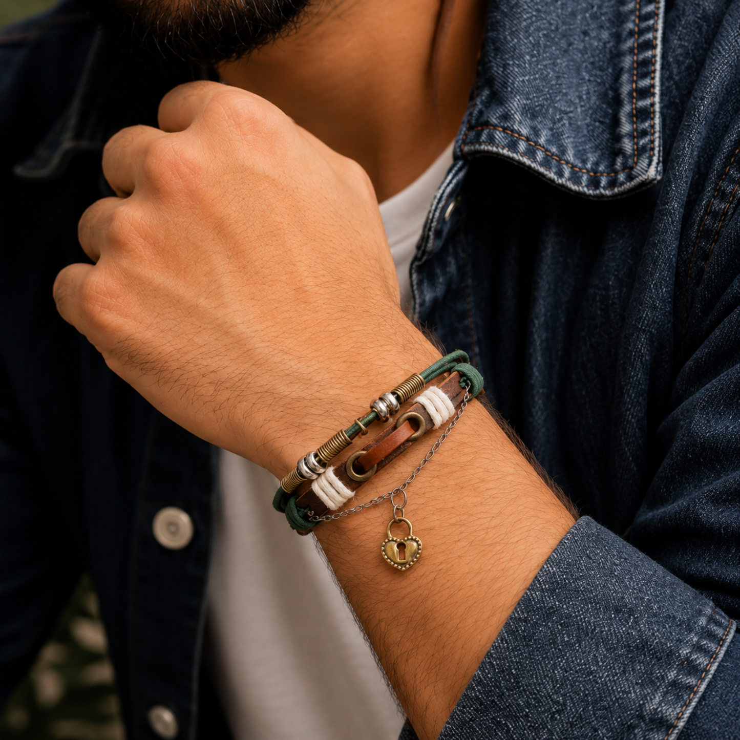 Men - Vintage Multi-Layer Leather Heart Charm Adjustable Bracelet