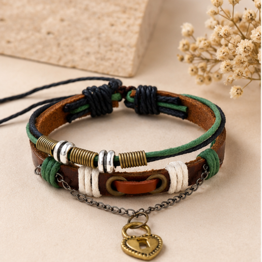 Men - Vintage Multi-Layer Leather Heart Charm Adjustable Bracelet