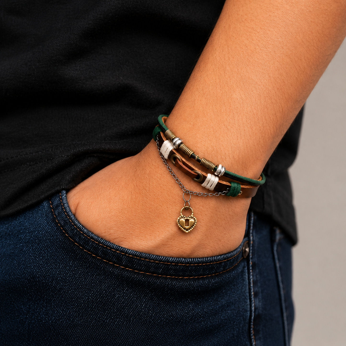 Men - Vintage Multi-Layer Leather Heart Charm Adjustable Bracelet