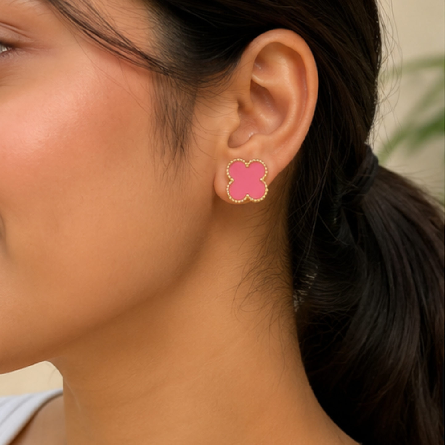 Pink Clover Anti Tarnish Stud Earrings