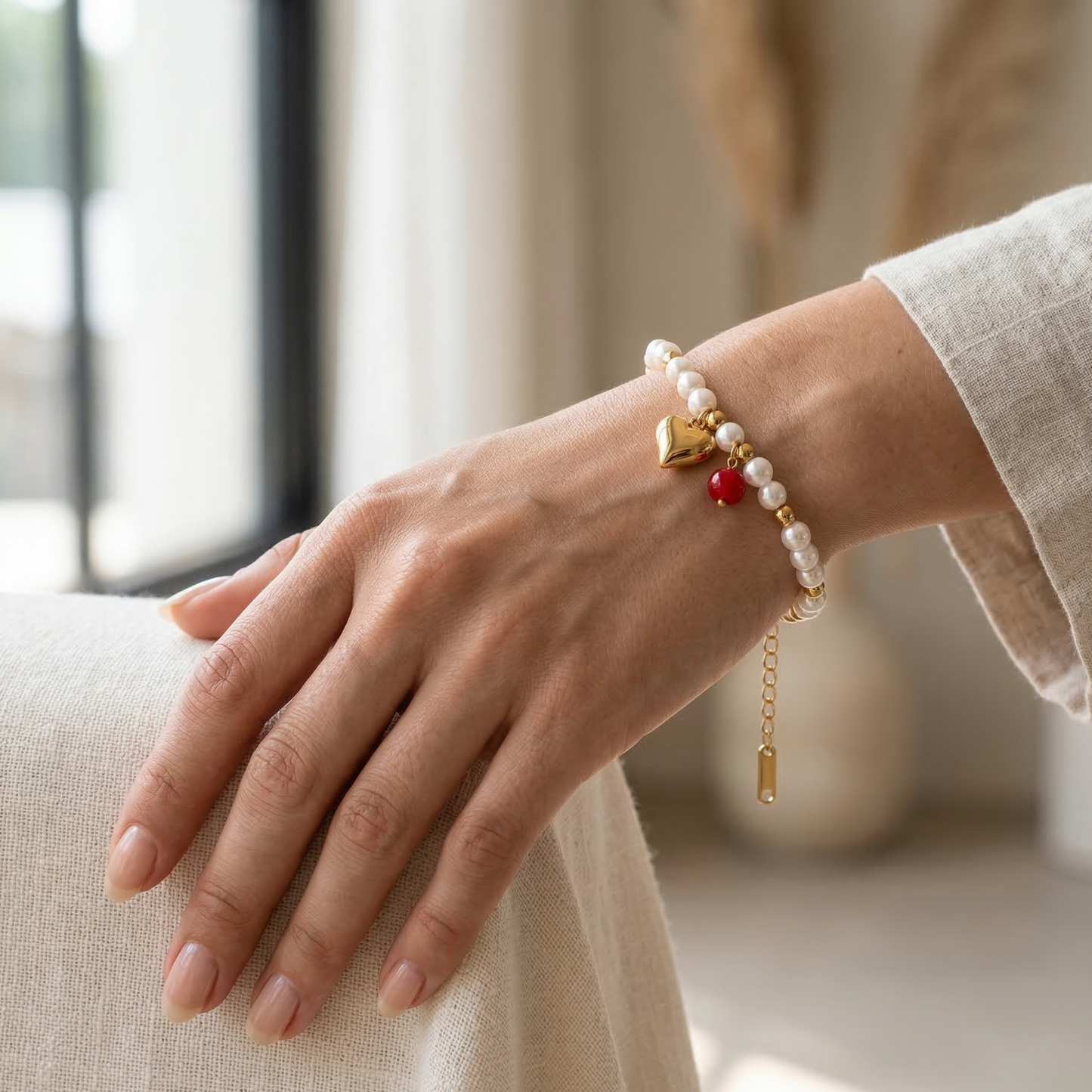 Pearl Bracelet with Gold Heart Charm Bracelet