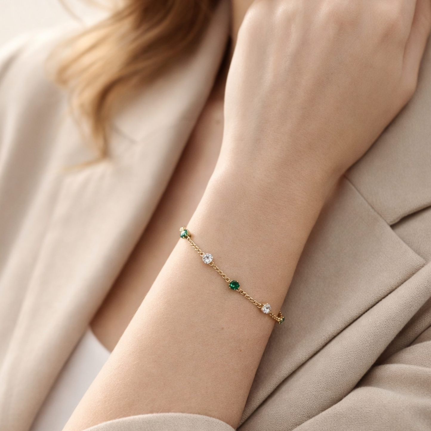 Minimal Green Stone Gold Chain Bracelet