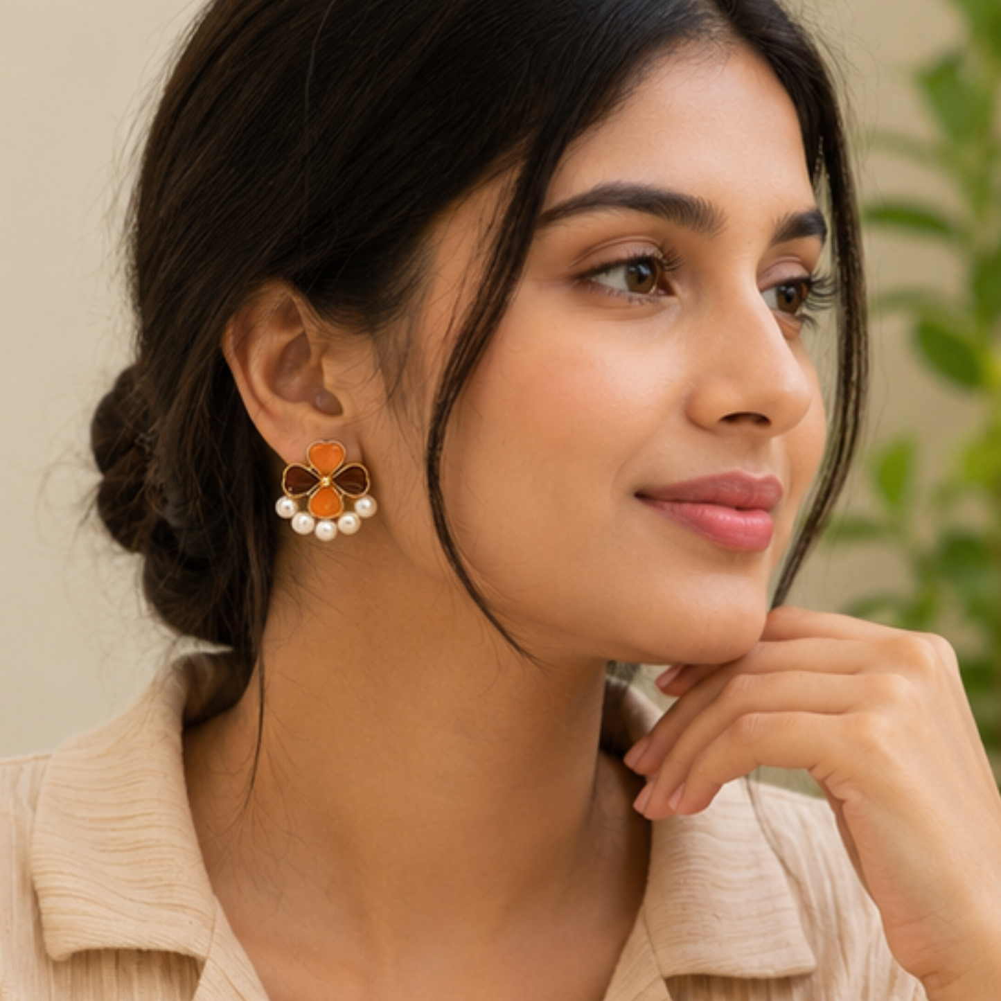 Orange Floral Rhinestone Earrings