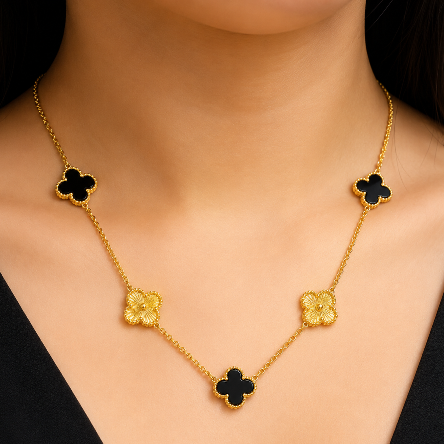 Golden Black Clover Anti Tarnish Necklace