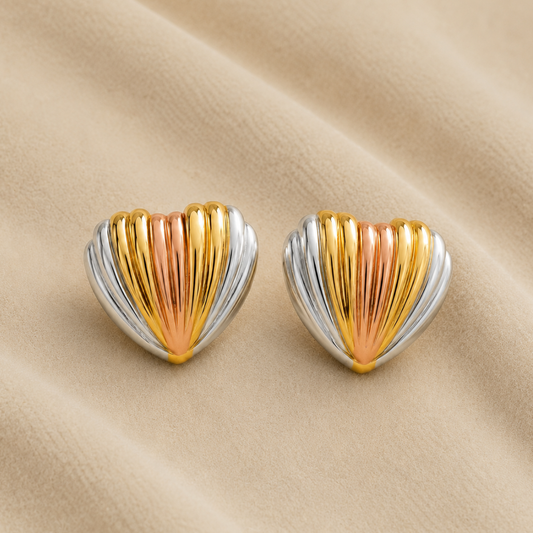 18K Gold Plated Tricolor Heart Stud Earrings