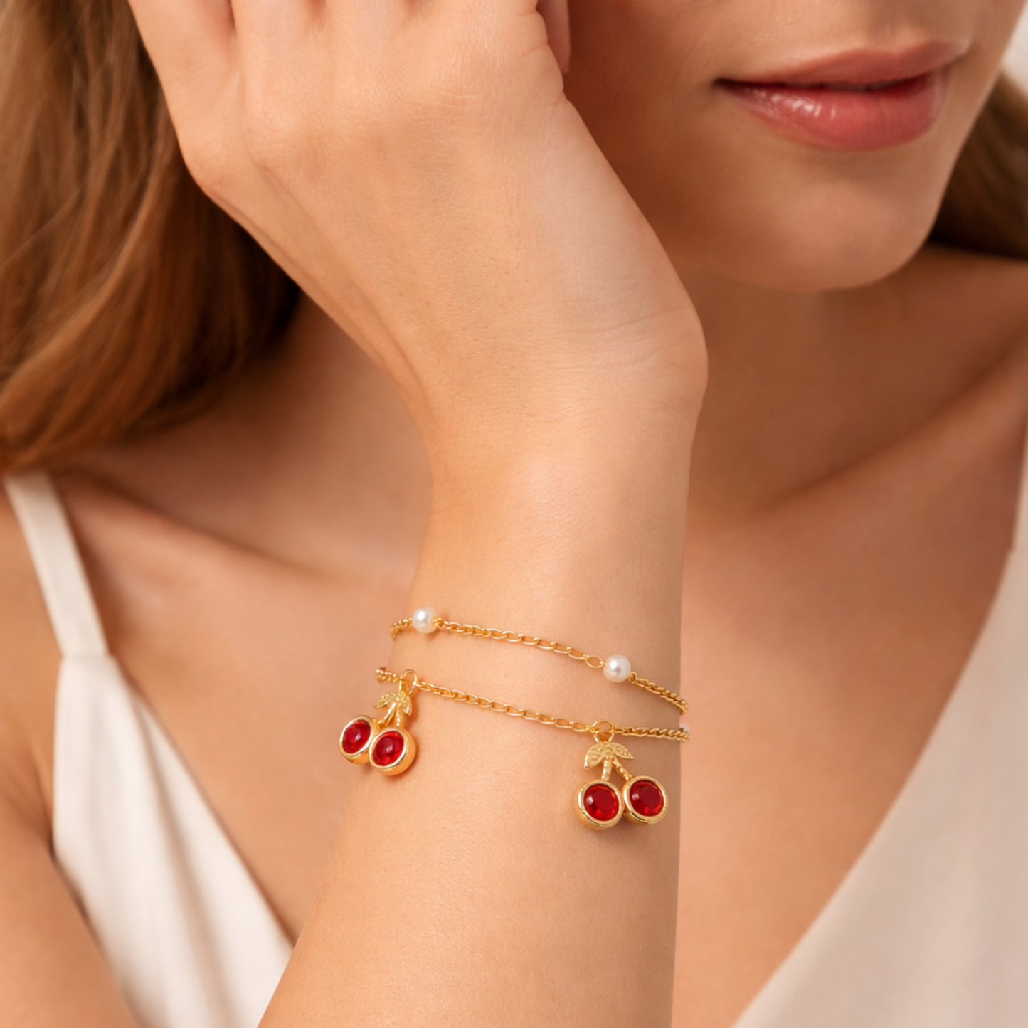 Double Layer Cherry Charm Bracelet