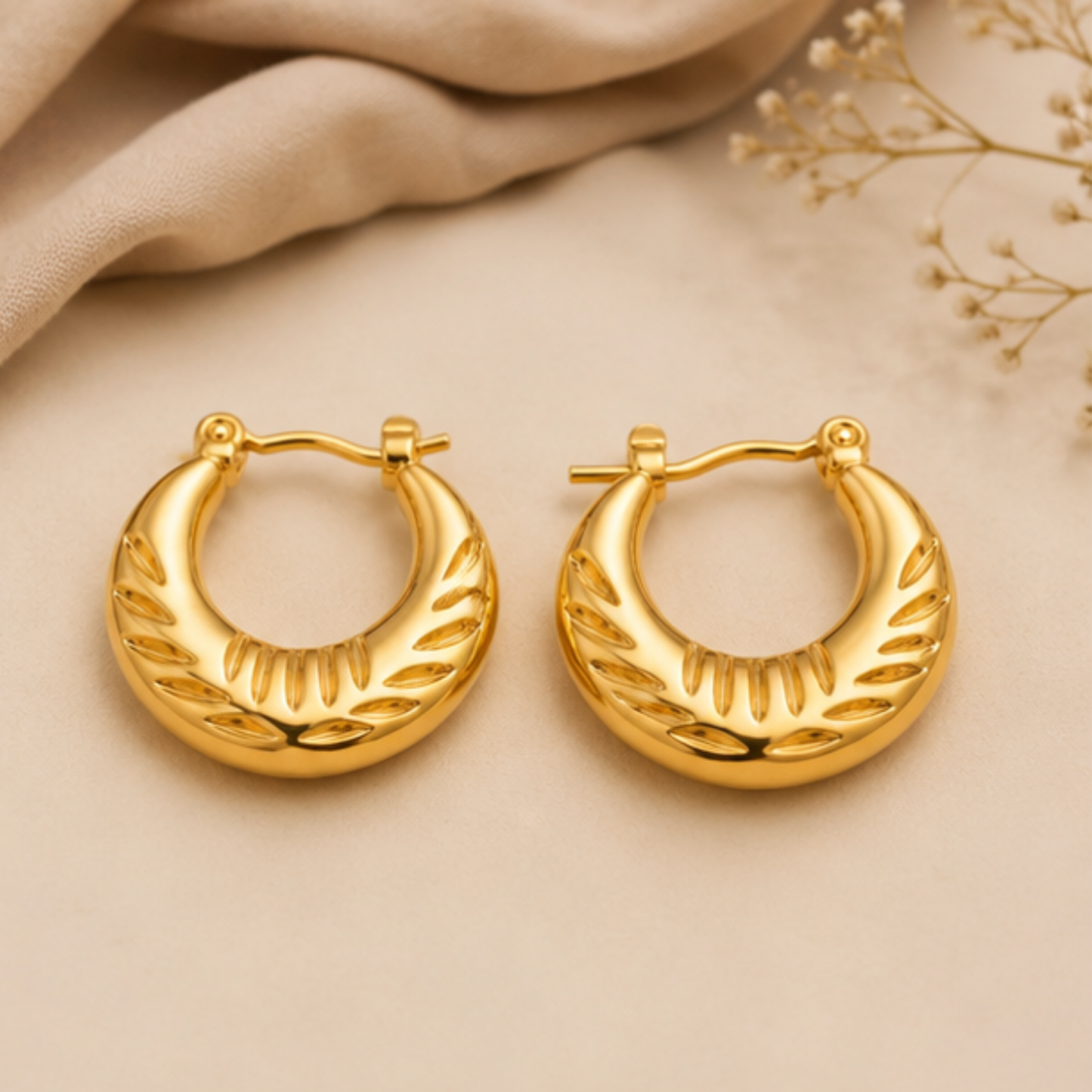 18K Gold Plated Vintage Textured Gold Hoops Earring