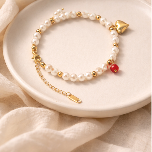 Pearl Bracelet with Gold Heart Charm Bracelet