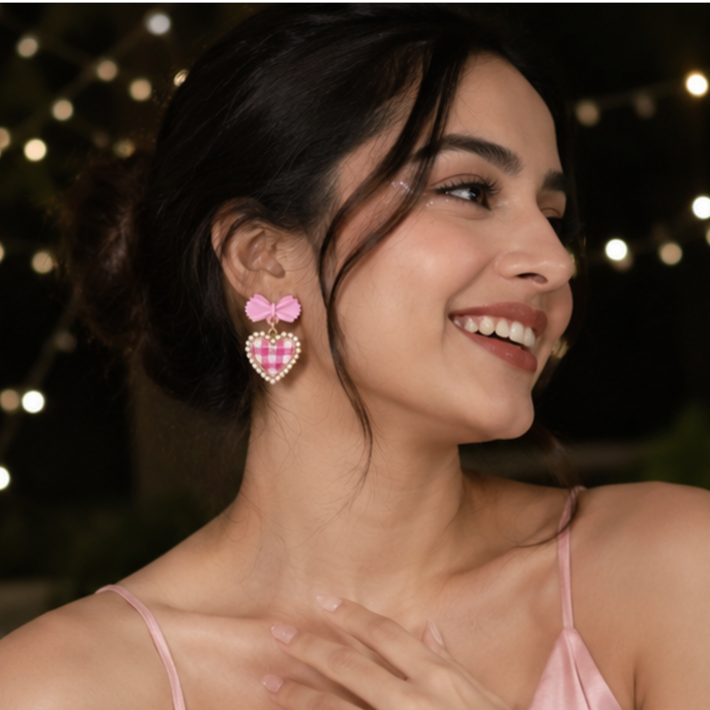 Pink Bow Heart Checkered Earrings