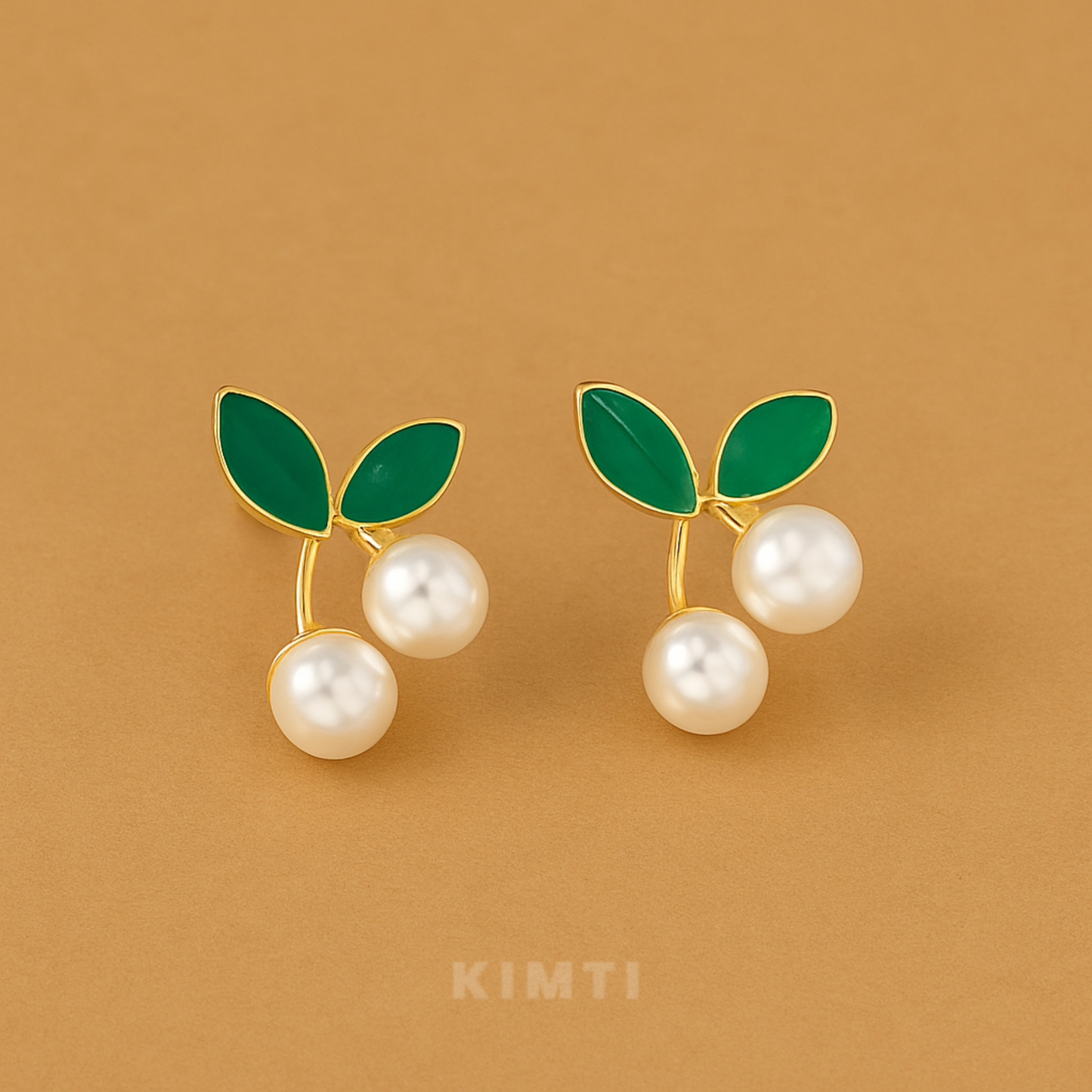 Green Leaf Pearl Cherry Earrings