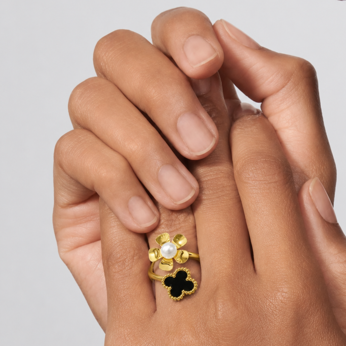 18K Gold Plated Pearl Bloom Clover Waterproof Ring