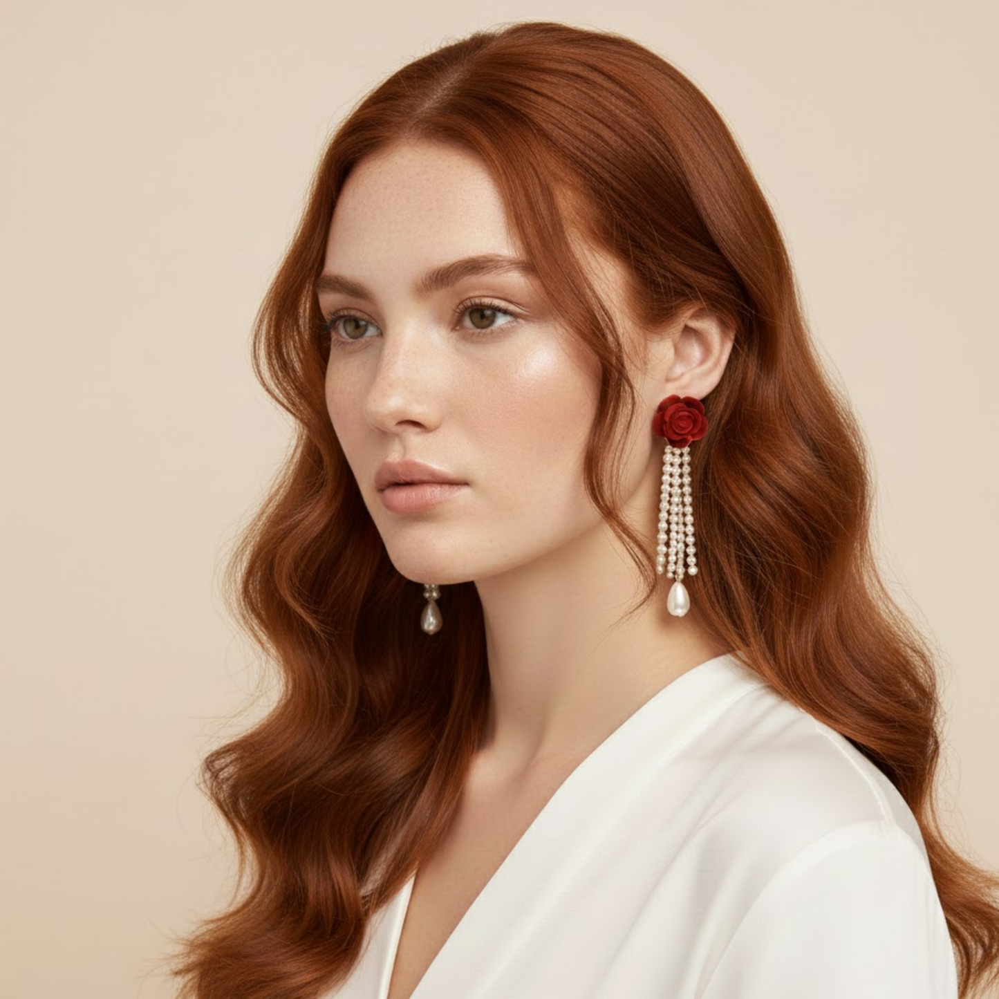 Wine Red Flocking Bow Pearl Tassel Earrings