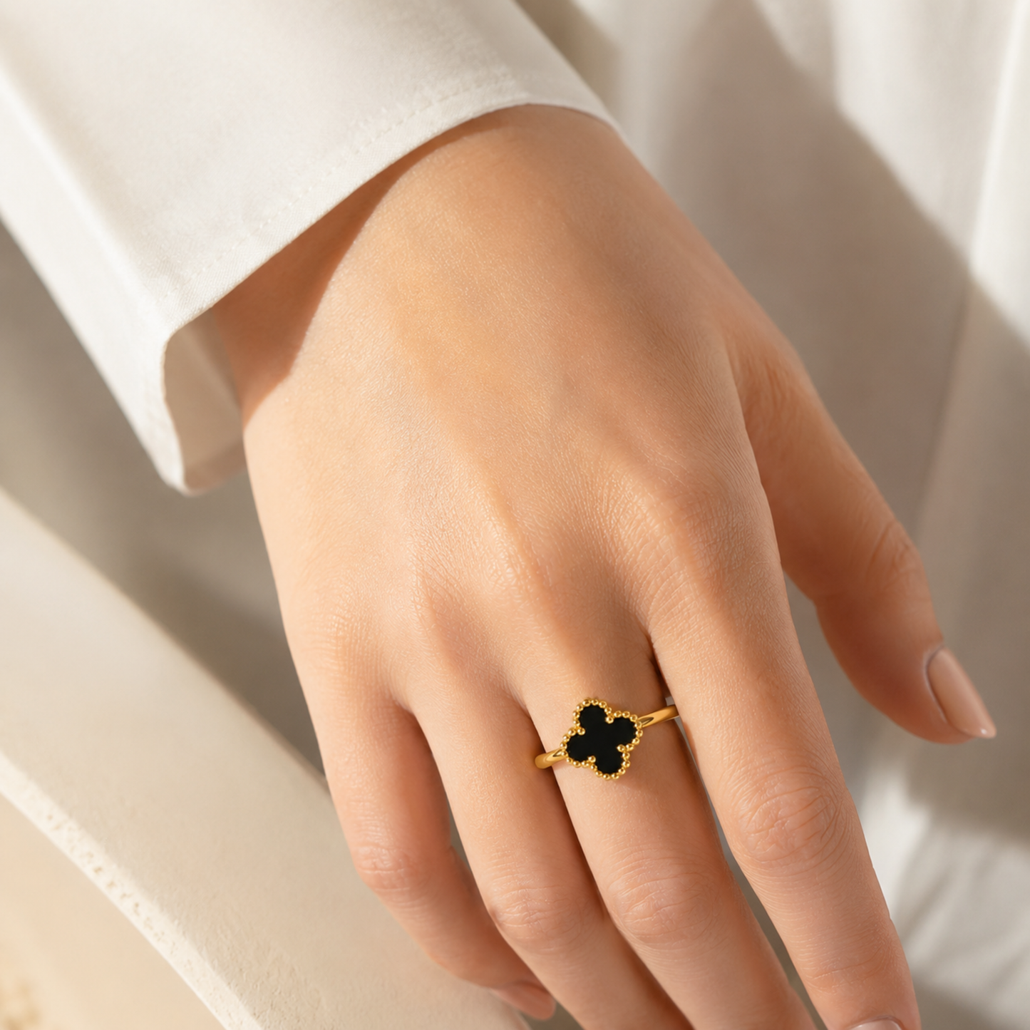 18k Gold Plated Black Clover Charm Ring