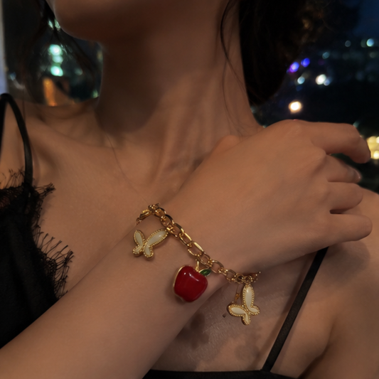 18K Gold Plated Red Apple & Butterfly Charm Bracelet