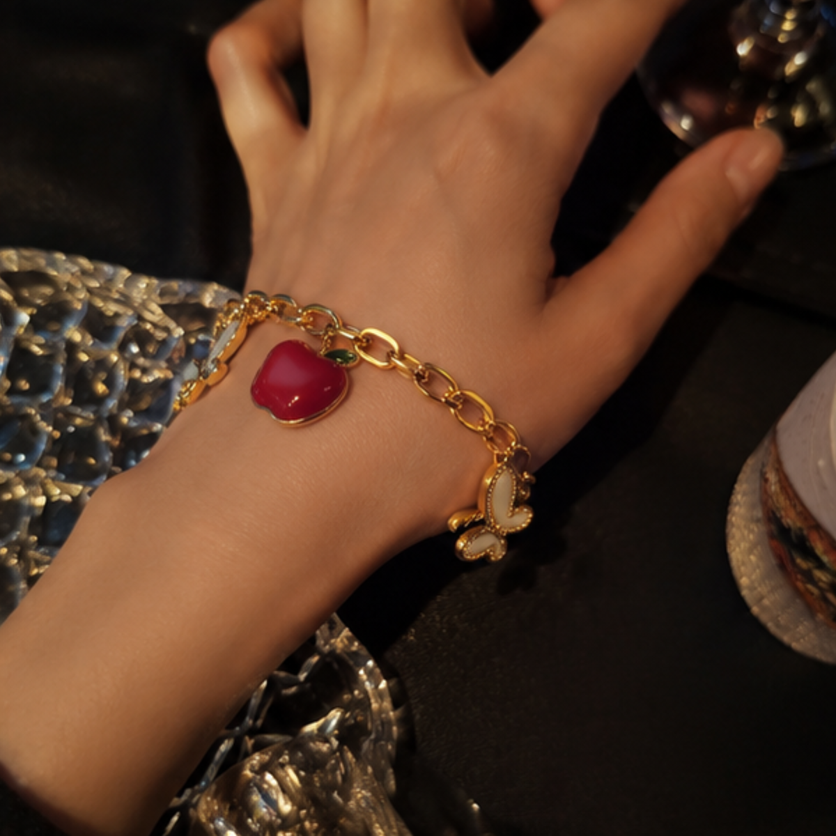 18K Gold Plated Red Apple & Butterfly Charm Bracelet