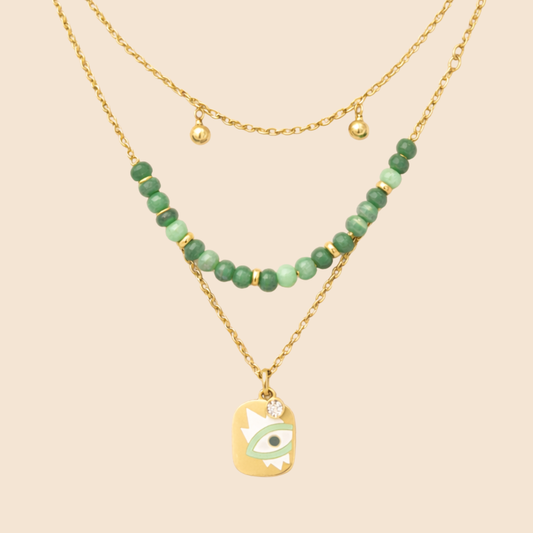 Zariya Green Bead Layered Evil Eye  Necklace