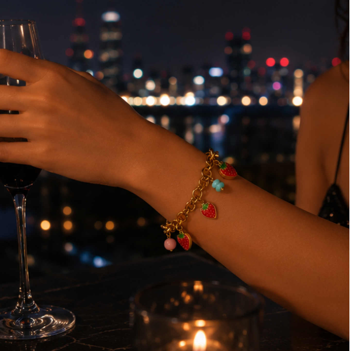 18K Gold Plated Strawberry & Bead Charm Bracelet