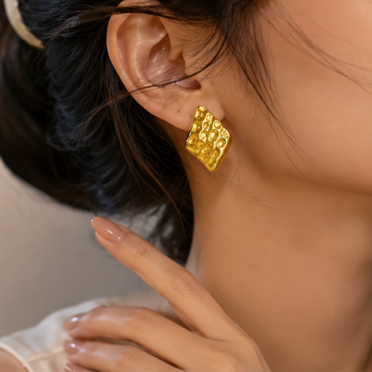 18k Gold Plated Rectangle Hammered Anti Tarnish Earring