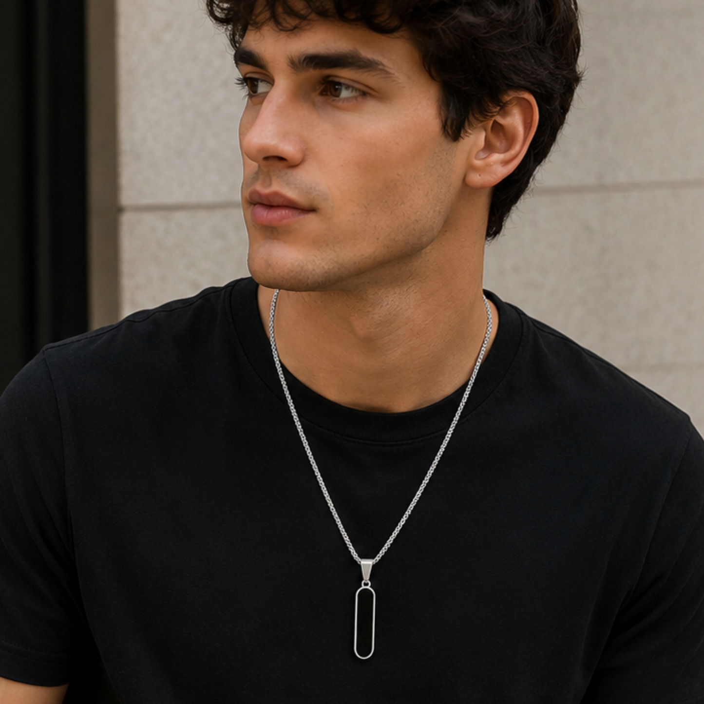 Men - Black Bar Pendant Stainless Steel Necklace