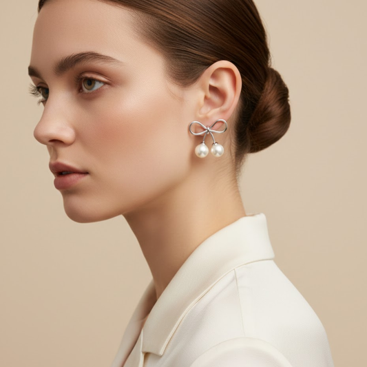 Silver Bow Pearl Drop Earrings