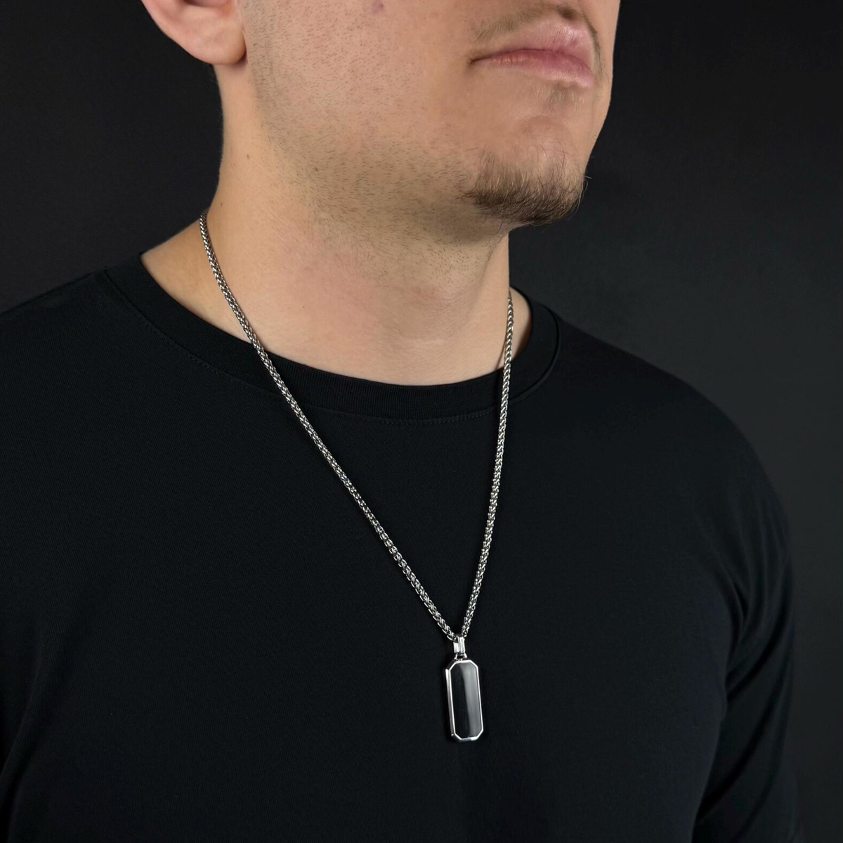 Men - Black Hex Bar Pendant Stainless Steel Necklace