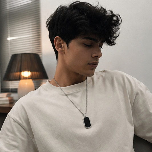 Men - Black Hex Bar Pendant Stainless Steel Necklace