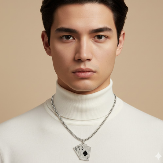 Men - Silver Plated Stellar Aura Black Poker Cards Chain