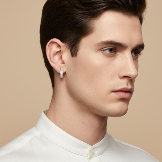 Men-Silver Zircon Shining Hoop Huggies Earring