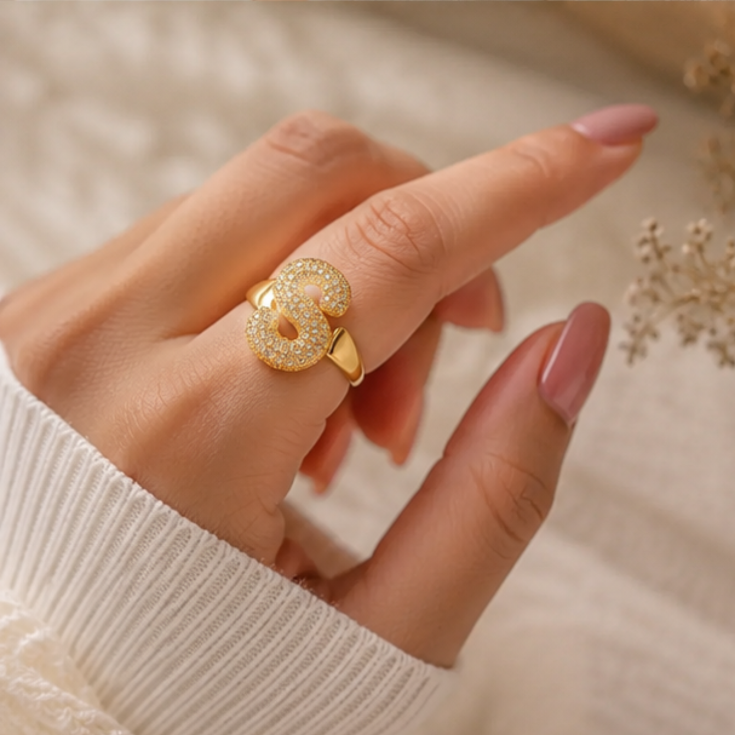 18K Gold Plated Adjustable Crystal Initial Ring