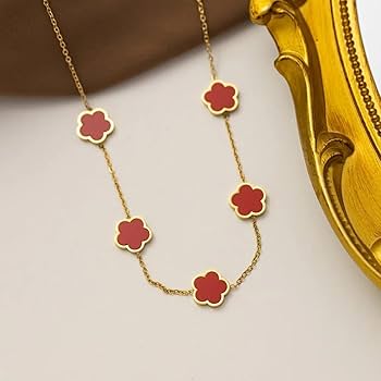 Gold Red Flower Station Necklace