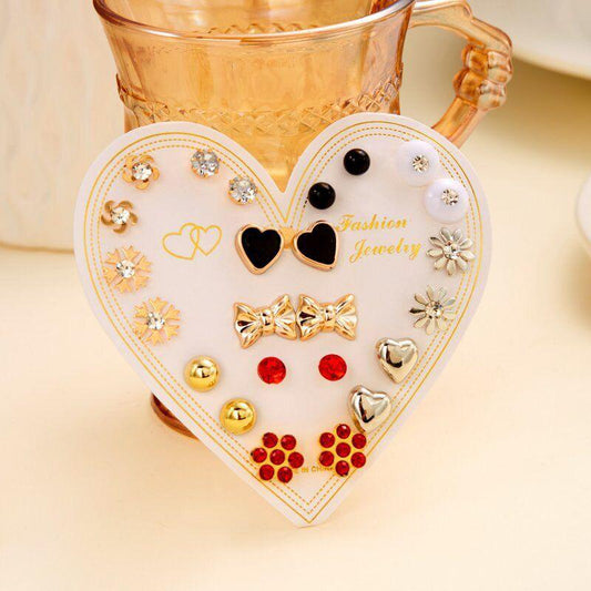 12 Pair Stylish Earrings Stud Combo Set with Heart Shape