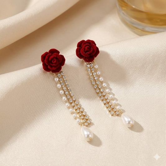 Wine Red Flocking Bow Pearl Tassel Earrings