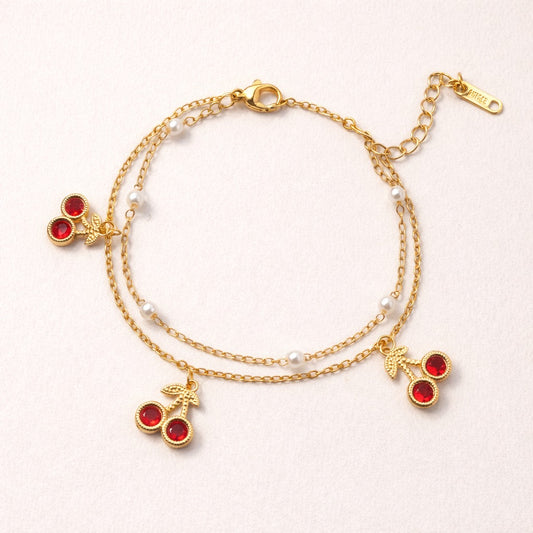 Double Layer Cherry Charm Bracelet