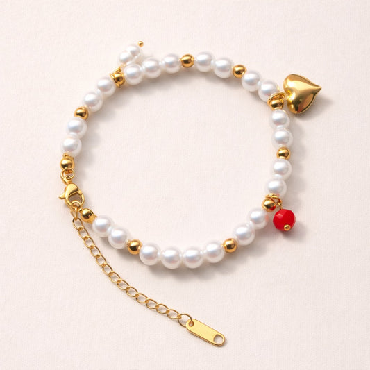 Pearl Bracelet with Gold Heart Charm Bracelet