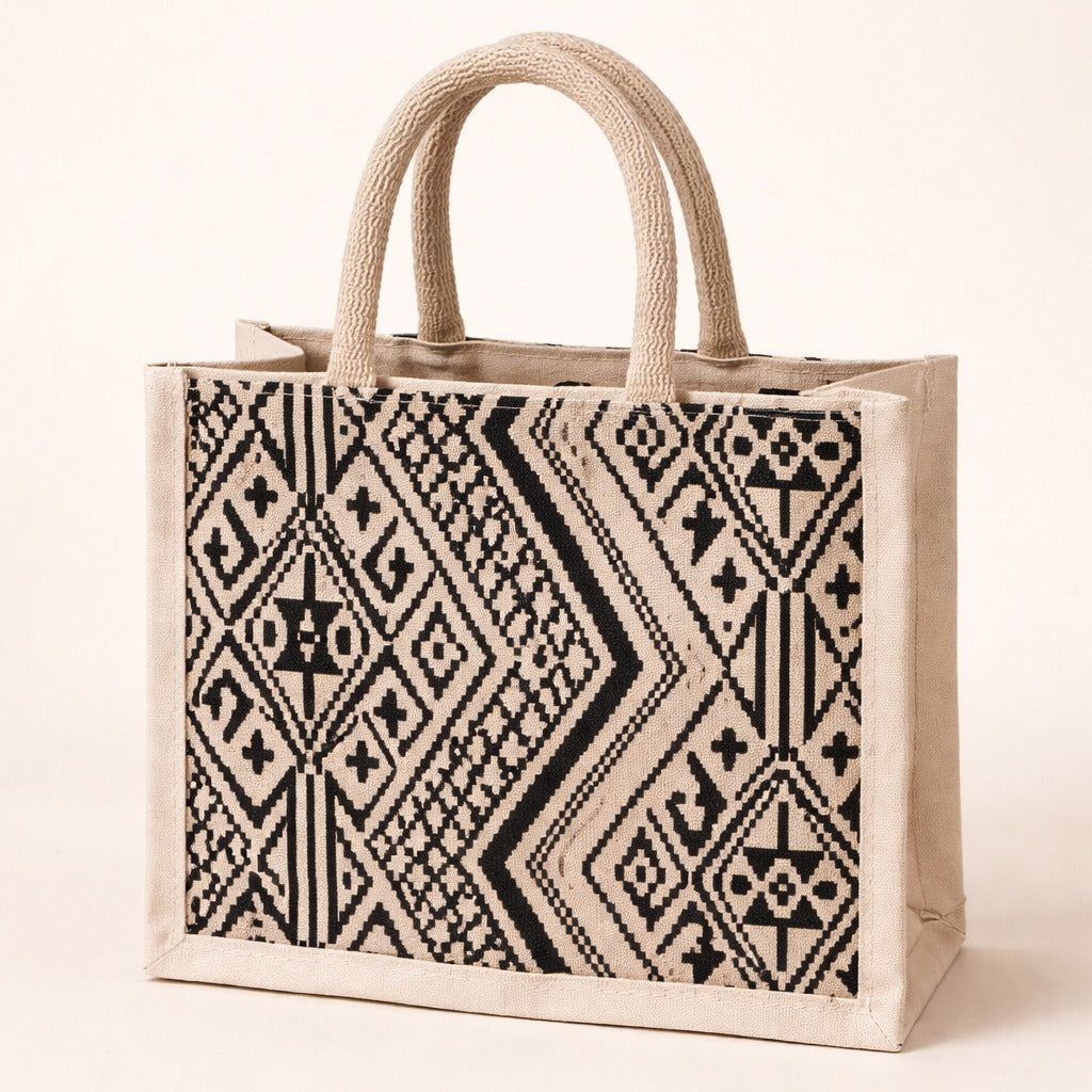 Black & White Tribal Print Jute Tote Bag