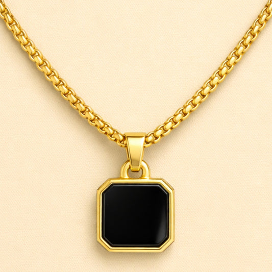 Men - 18K Gold Plated Black Stone Pendant Necklace